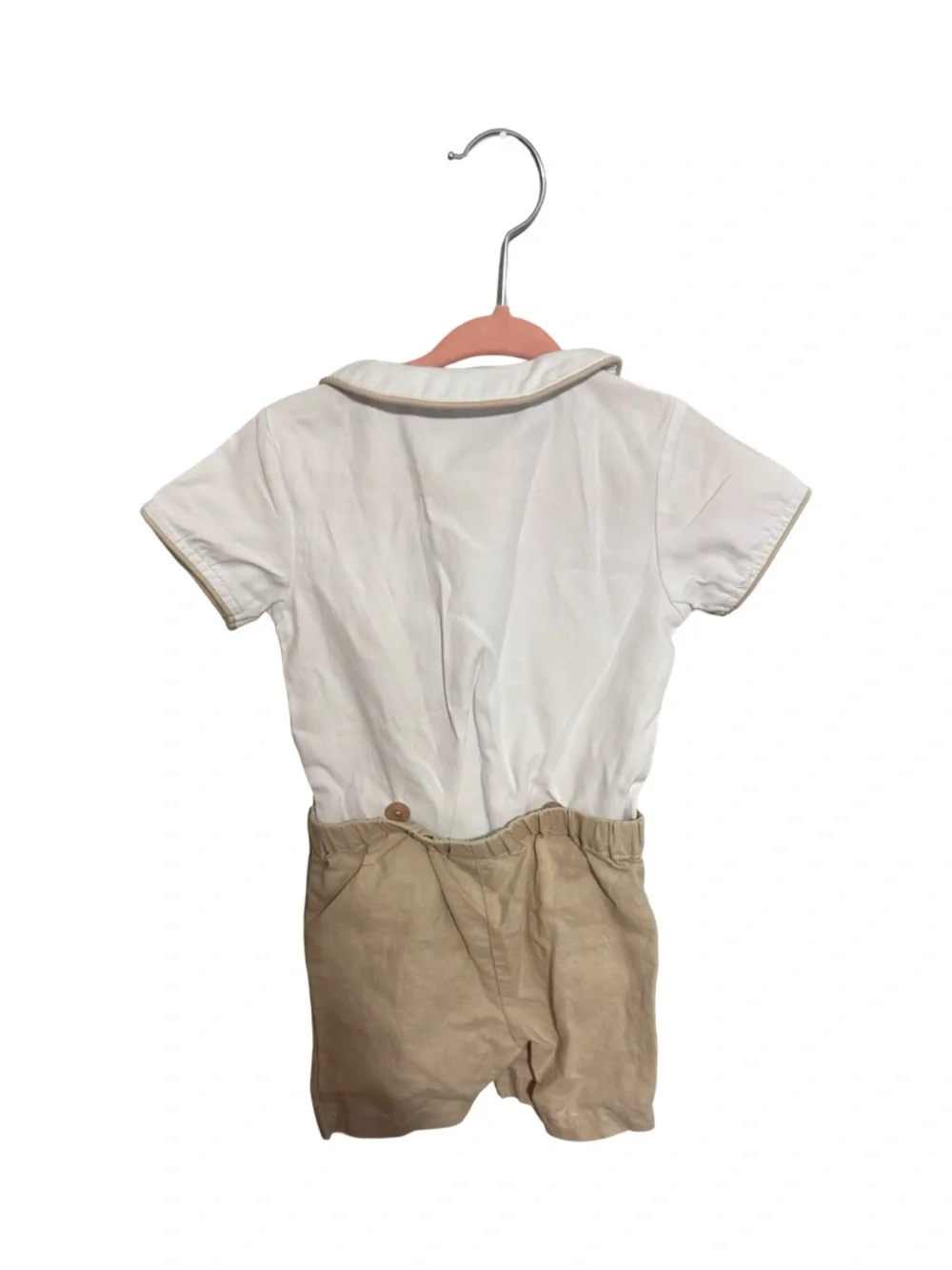 Edgehill Collection Boys 12M Shortall Romper White Tan Peter Pan Collar